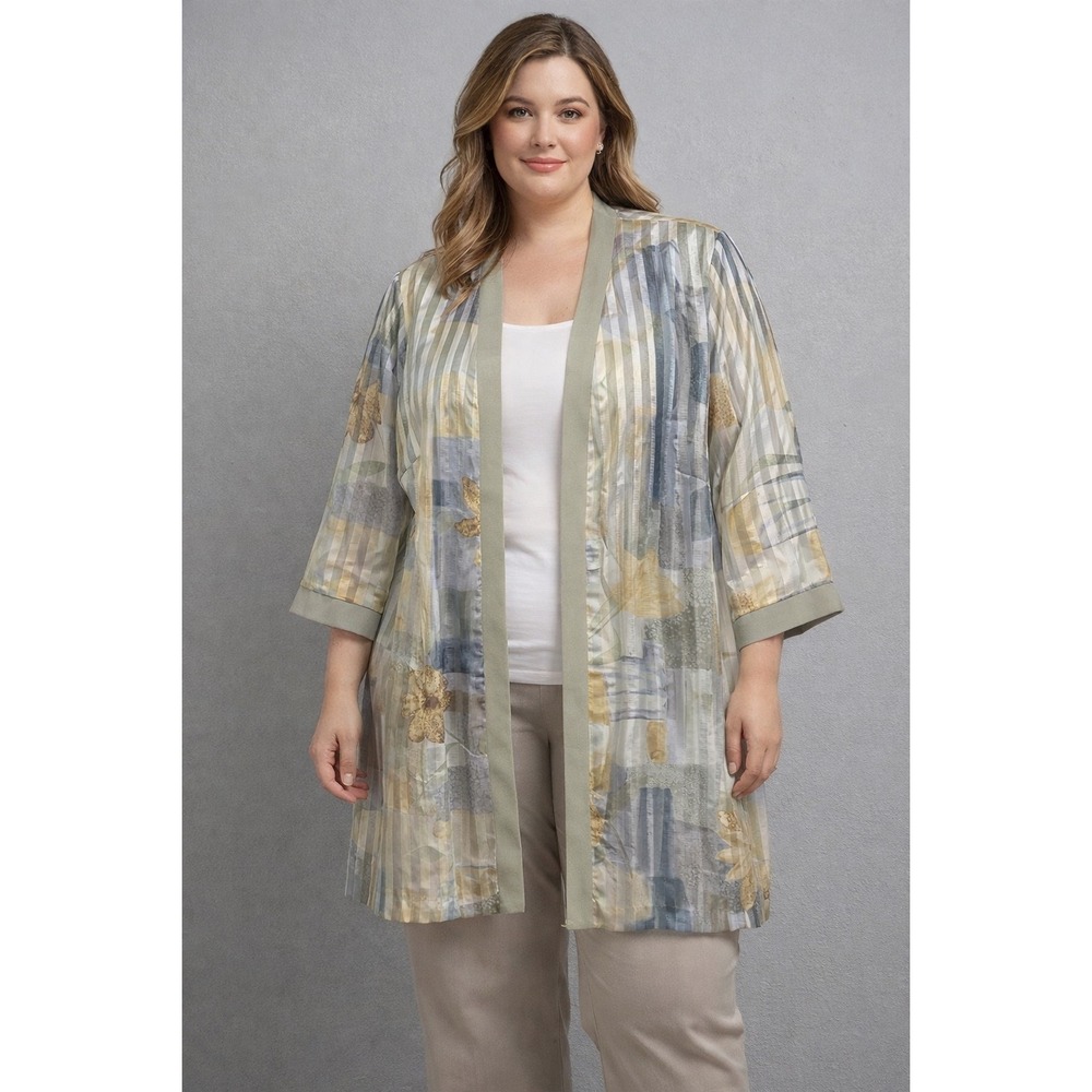 Dressbarn Woman Sage Green Floral Striped Sheer Kimono Jacket 14W‎ Open Front